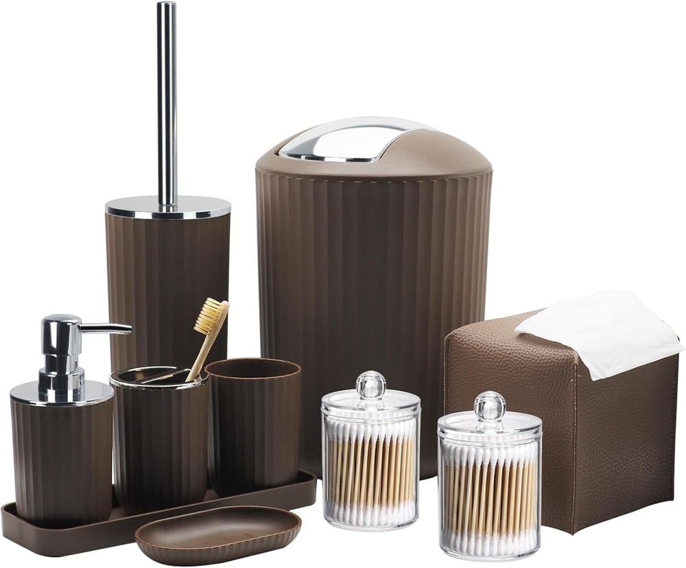 Bathroom Accessory Set - 10 Piece Brown Accessories with