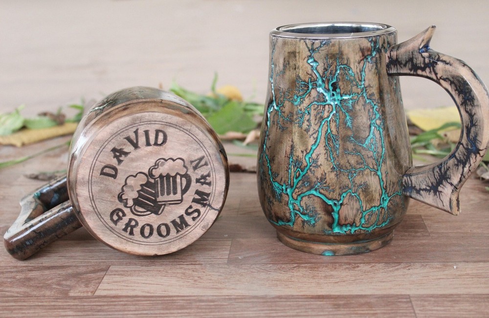 Custom Handmade 18 oz Fractal Burn Wooden Viking Beer Mug-image