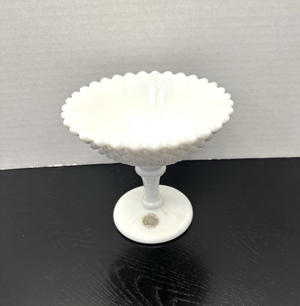 VTG Westmoreland Milk Glass Diamond English Hobnail Pedestal Candy Dish with Sawtooth Edge