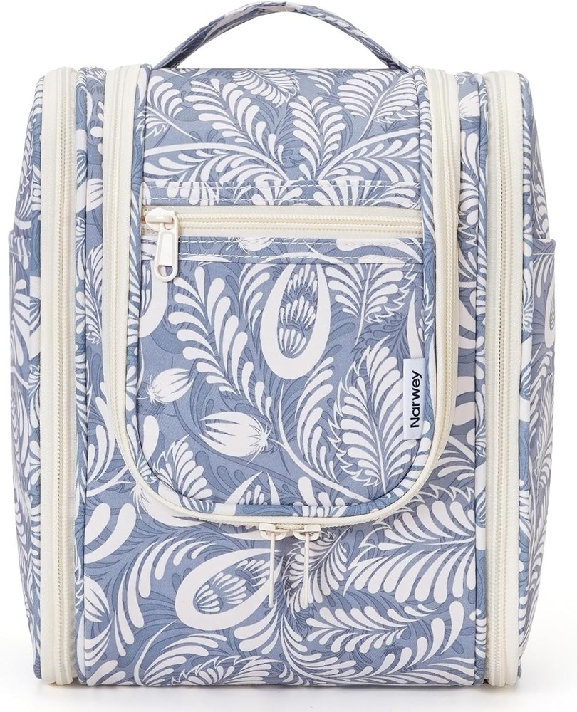 Narwey Small Hanging Toiletry Bag Women Travel Makeup Medium, B-Blue Leaf