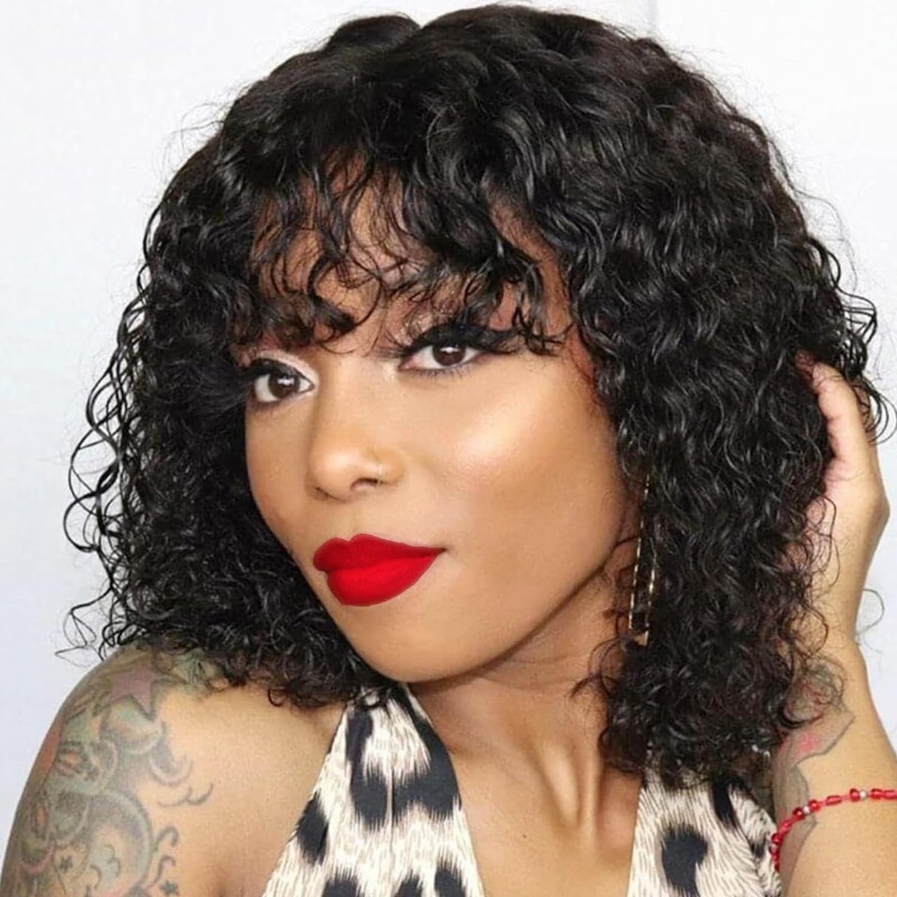 Short Bob Kinky Curly Human Hair Wigs with Bangs 2x1 Lace Front Wig For Women