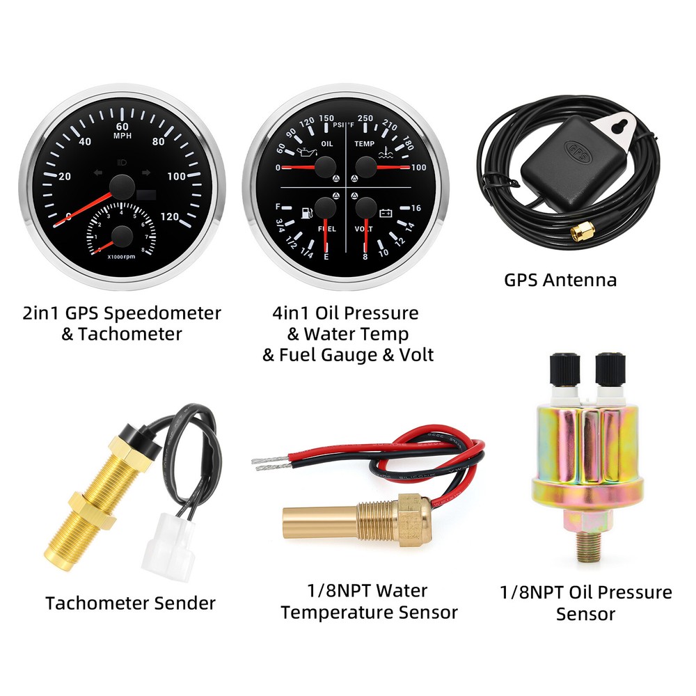 110mm GPS Speedometer Tachometer 0-120MPH 4-in-1 Gauge Kit with Senders