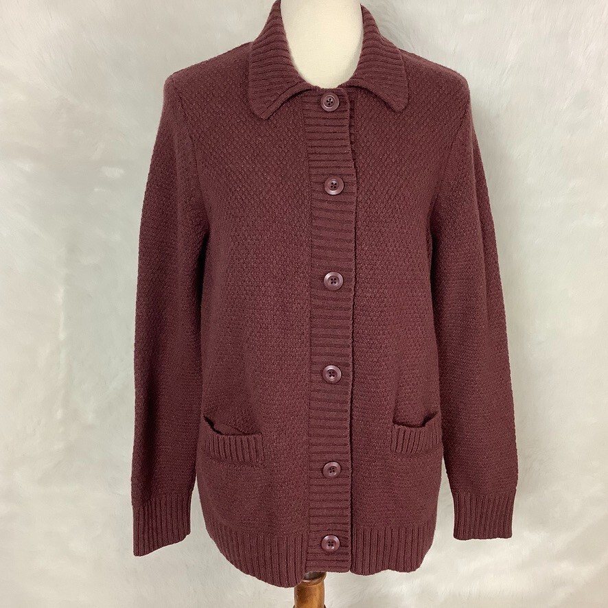 Woolovers Red Brown Lambswool Button Front Collared Cardigan