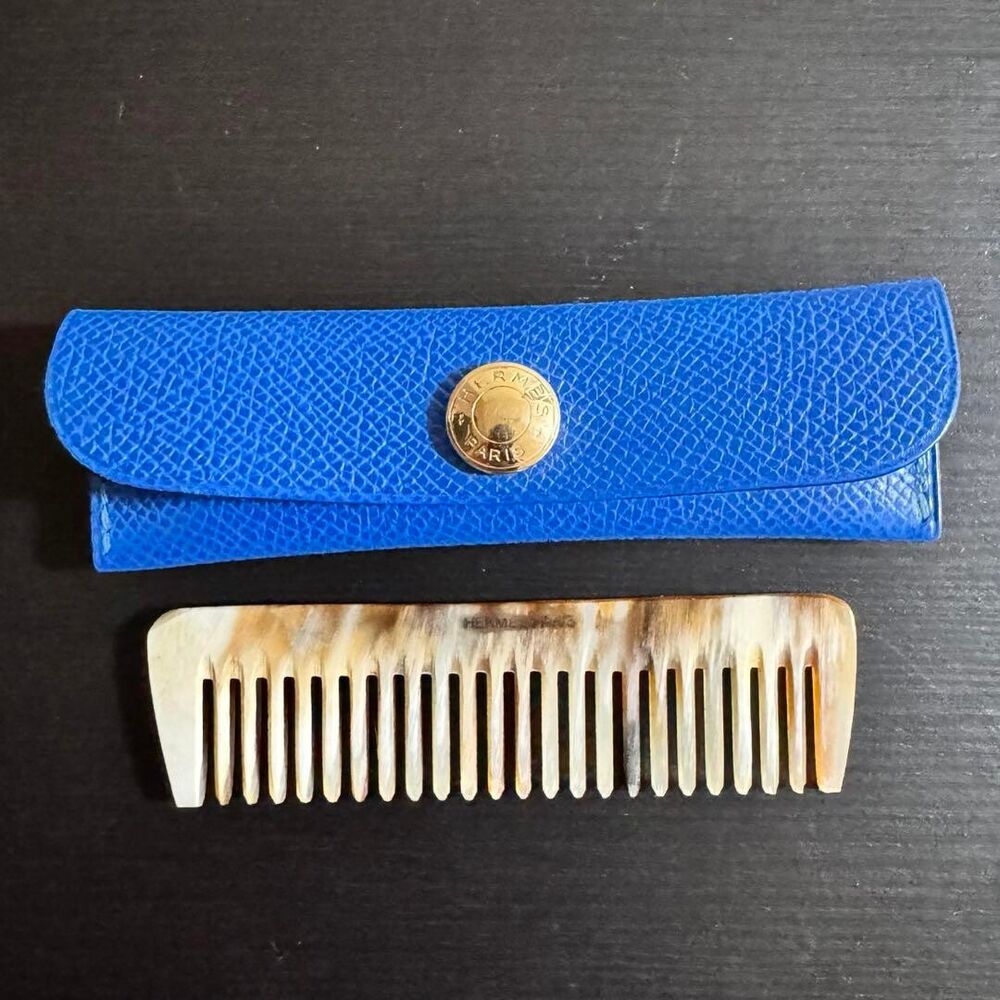 HERMES Portable Comb with Blue Leather Case Beige 9×2.5cm