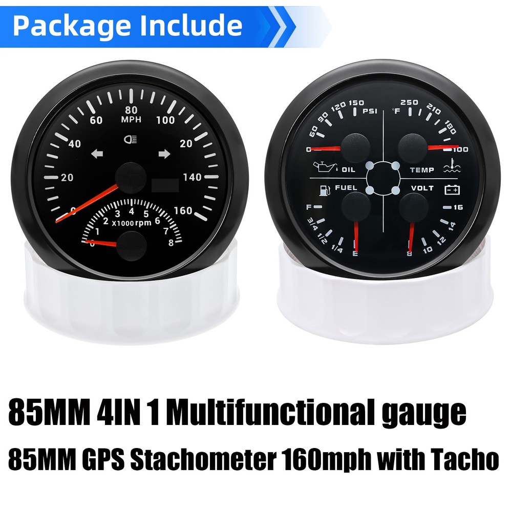 85MM 2 Gauge Set with GPS Speedometer 0-160MPH & 4-in-1 Fuel Temp Oil Press Volt Meter  