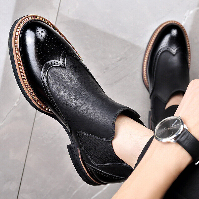 Retro Western Mens Carved Wing Tip Leather Chelsea Ankle Boots Work Brogue Shoes