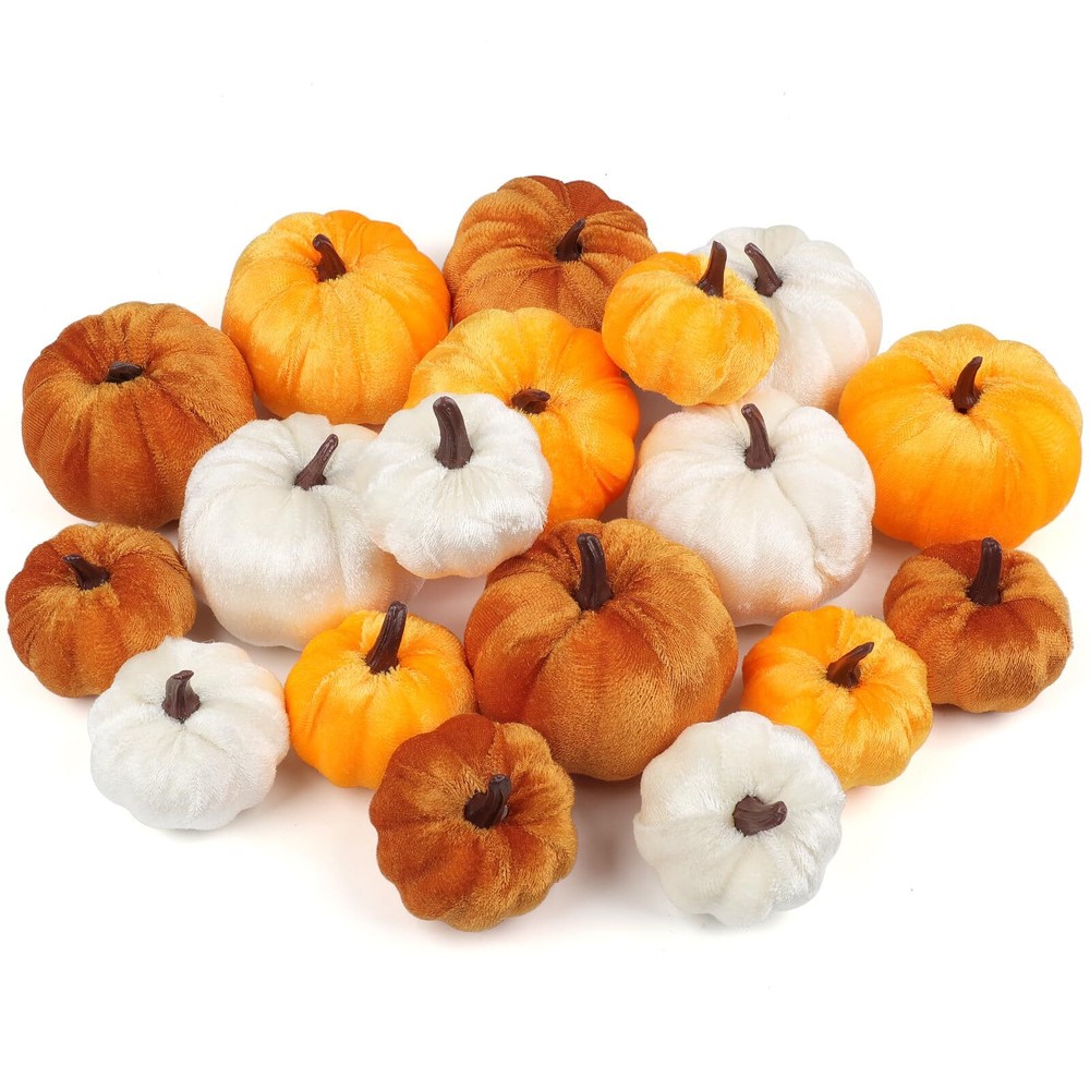18pcs Velvet Pumpkin Decoration Assorted Faux Pumpkin Crafts Orange White Pum...