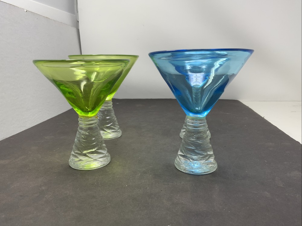 4 Thick-Walled Martini Glasses – 2 Blue & 2 Green
