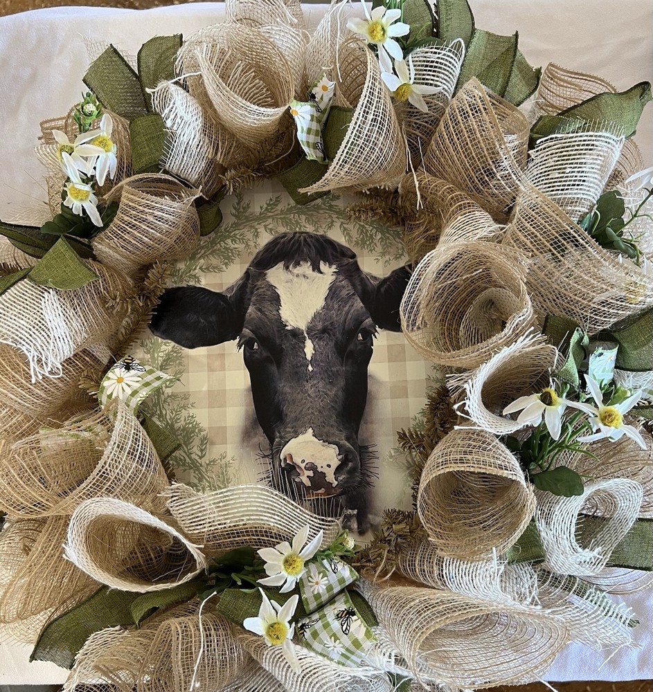 22 Inch Farmhouse Cow Themed Floral Wreath for Front Door