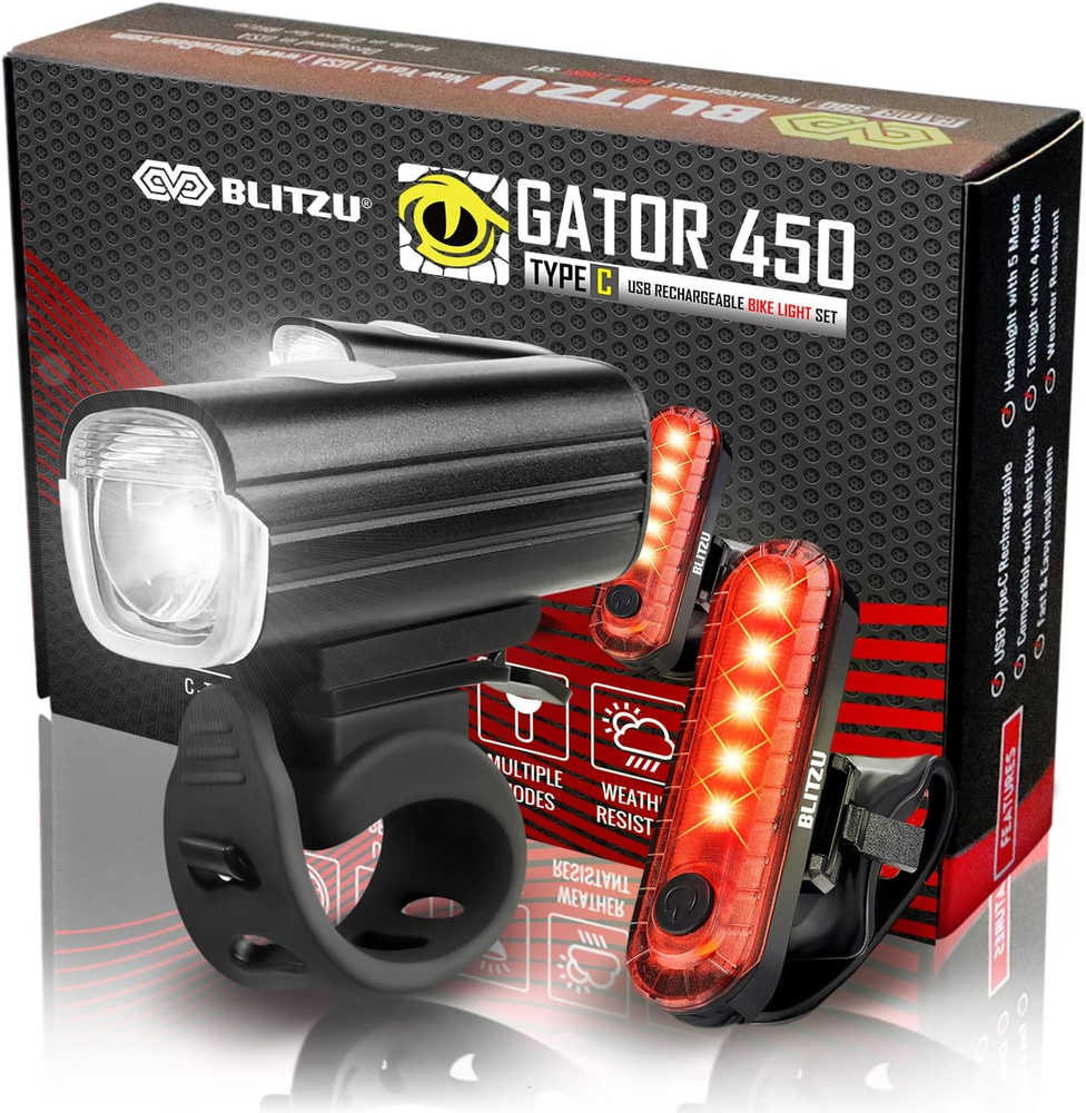 Bike Lights Set – Gator 450 LED USB-C Rechargeable Headlight & Rear Taillight wi