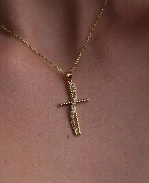 Women's Gorgeous Cross Pendant Round Simulated Diamond In 14K Yellow Gold Plated