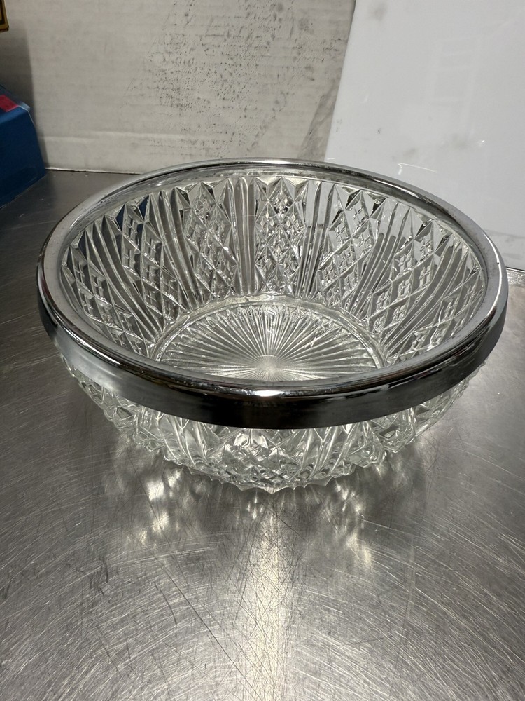 Vintage Heavy Crystal Salad Serving Bowl with Silver Rim England 8x4 Inches