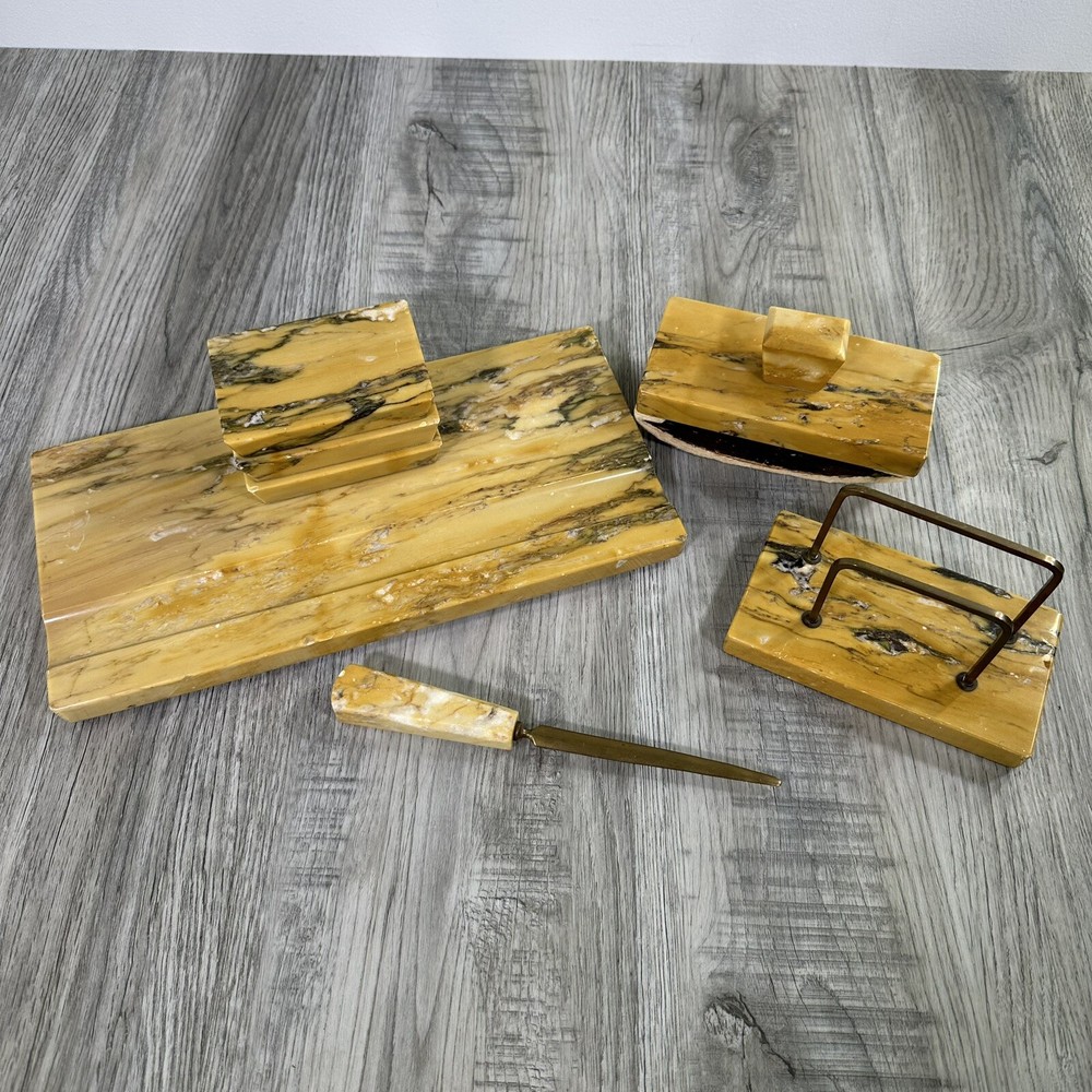 Vintage Art Deco Marble Desk Set - Letter Opener, Ink Holder 4-pieces Rare