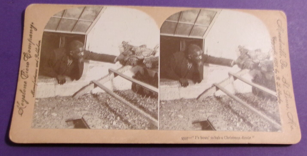 antique KEYSTONE stereo view card BLACK AMERICANA GRABBING CHRISTMAS DINNER
