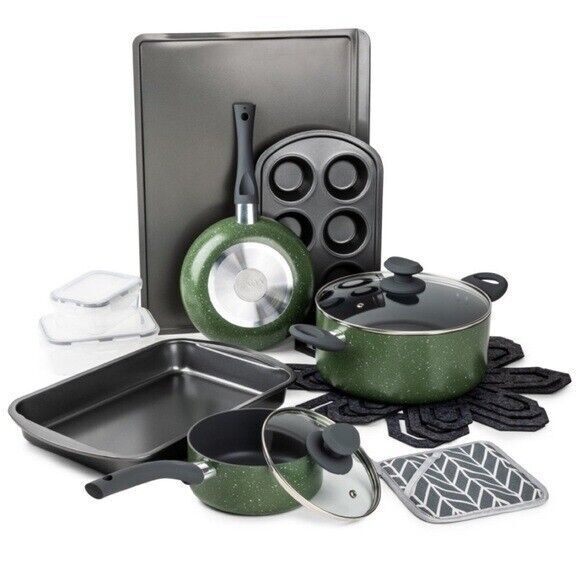 New Venus Nonstick Brooklvn Steel Co. Aluminum 16-Pc.Cookware Green, bakeware