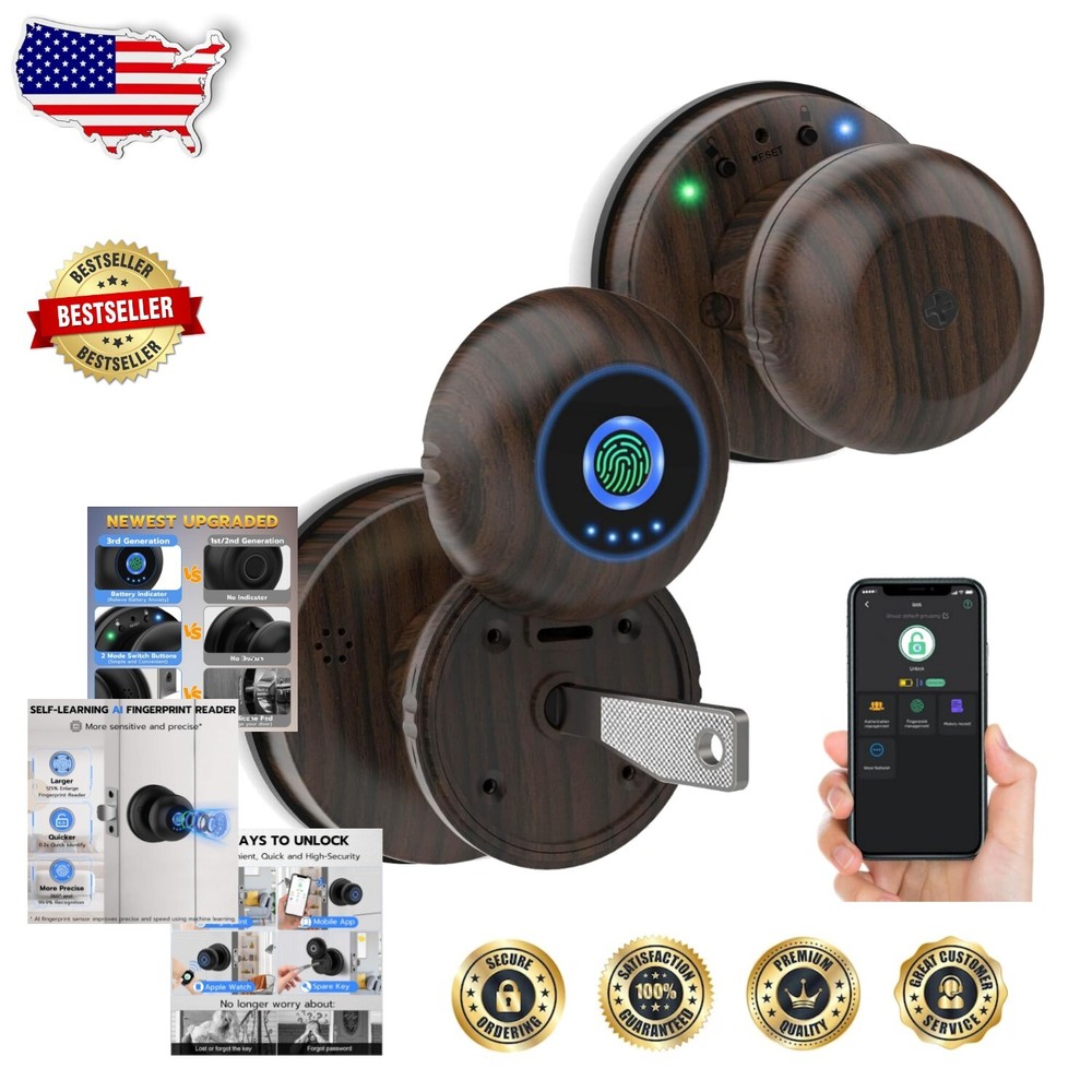 Biometric Smart Door Knob with 4 Unlocking Options - Keyless Wooden Entry  -image