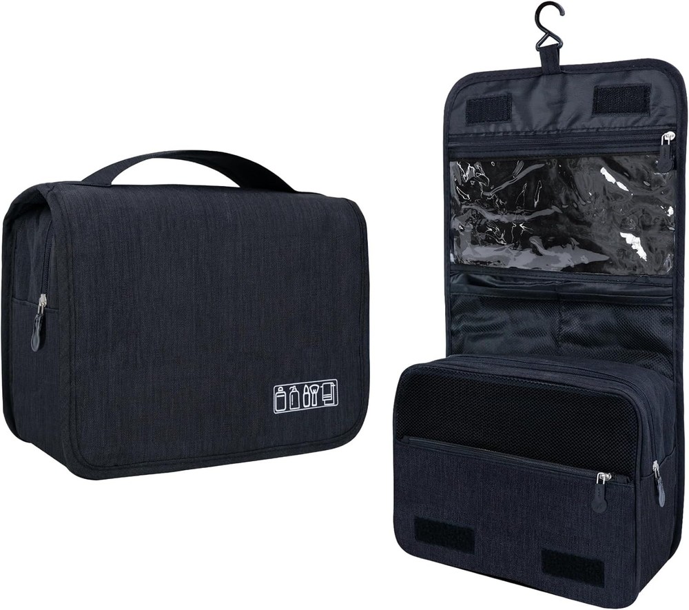 Large Capacity Toiletry Bag Travel with Hanging Hook for Men and A-Black