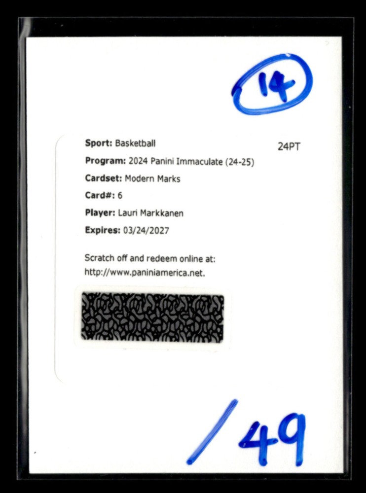 Lauri Markkanen 2024-25 Panini Immaculate Modern Marks Auto /49 Redemption [mty