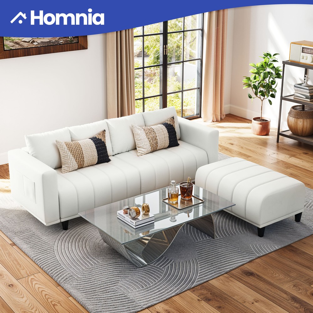 Beige Velvet L-Shaped Sectional Sofa with Ottoman Cloud Foam Couch and USB Type-C Port