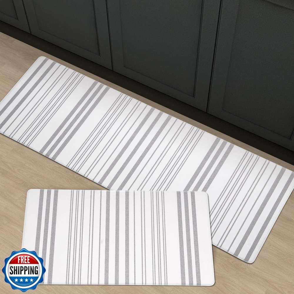 Freshmint Farmhouse Stripe Anti-Fatigue Kitchen Mat Set of 2 with Cushioned Foam Support
