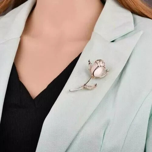 Elegant Rose Flower Brooch with Rhinestone Opal and Tulip Design