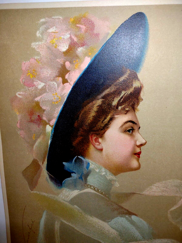 Victorian Pink Flower Hat Lady Art Print Signed Knoefel Gray Litho 1910
