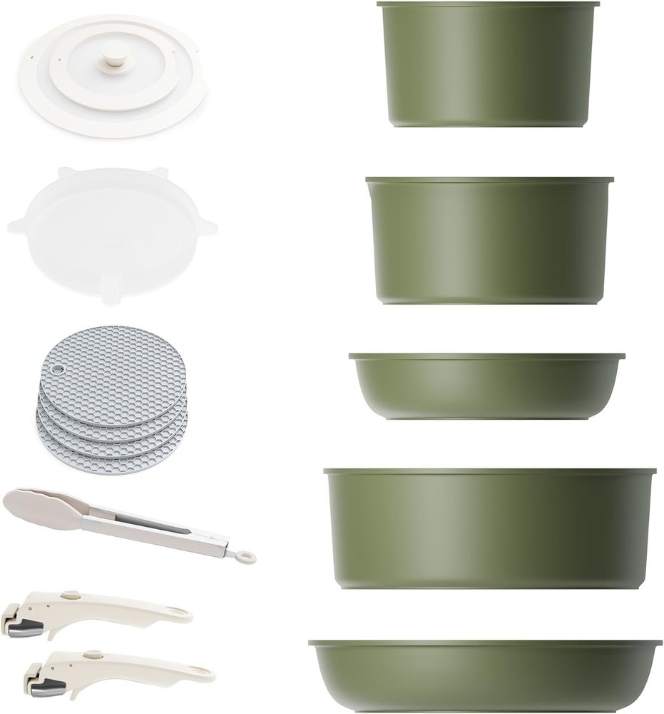 Detachable Nonstick Cookware Set - Stackable Induction Pots and Pans