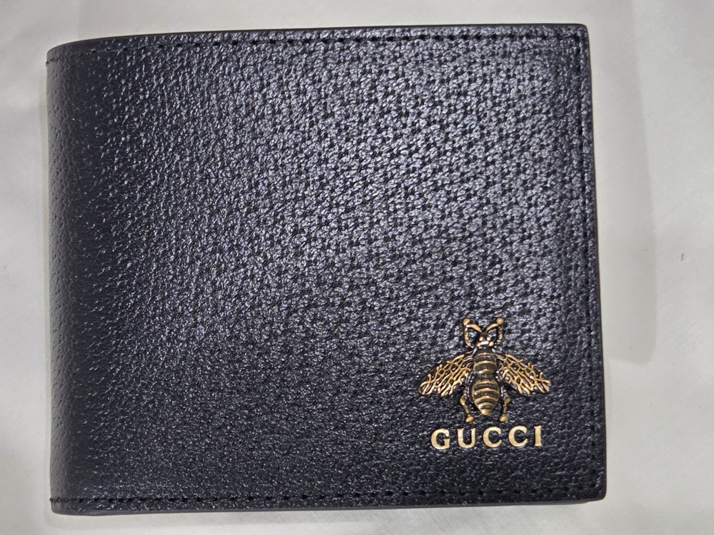 Authentic Mens Gucci Black Leather Animalier Bee Wallet