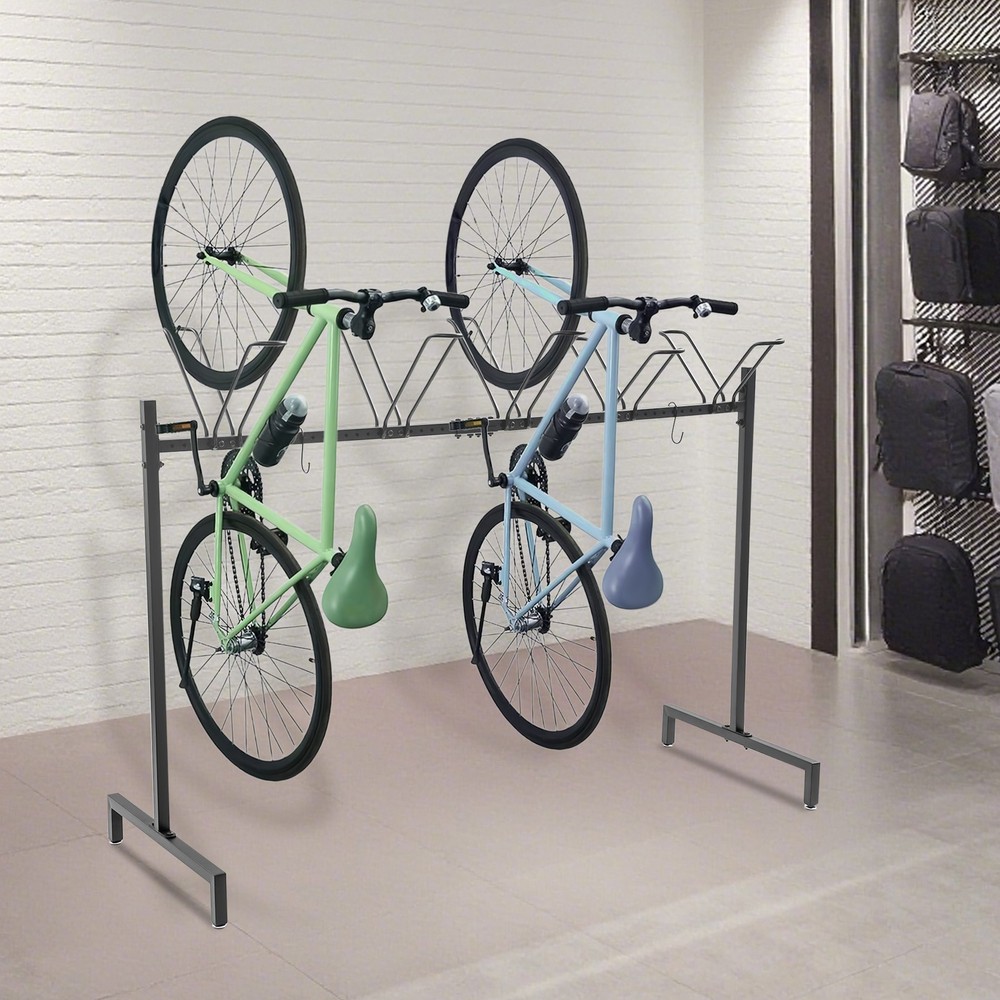 5-Slot Metal Bike Floor Stand with Hooks for Parking & Storage
