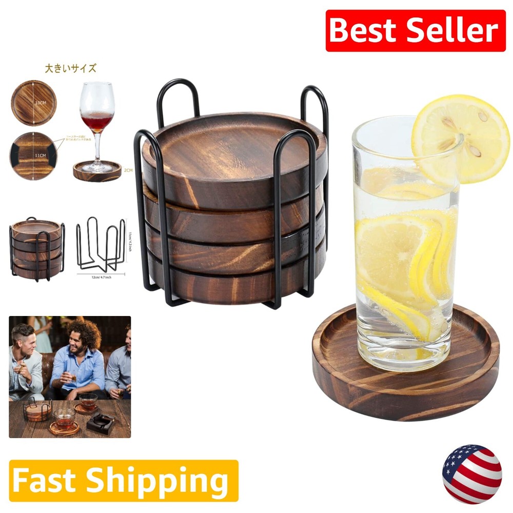 Handcrafted Paulownia Wood Coasters Set with Holder - Rustic Table Protection