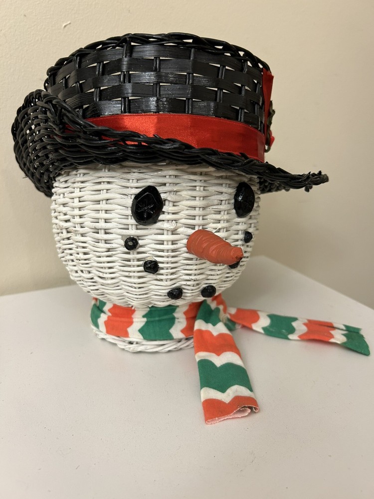 Vintage Large Wicker Rattan Snowman Frosty Head Hat Planter Basket Painted 8”x6”