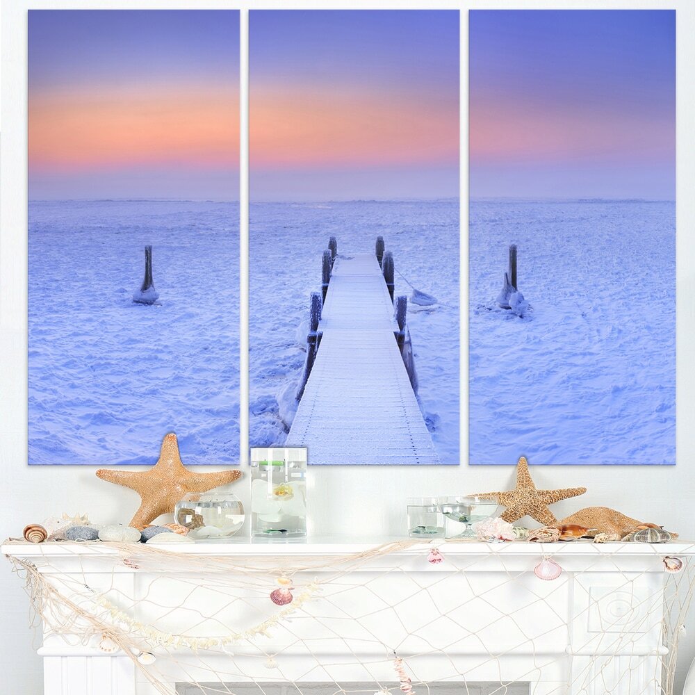 Jetty in Frozen Lake Netherlands - Wooden Sea Bridge Canvas Multi-color 36 in. w