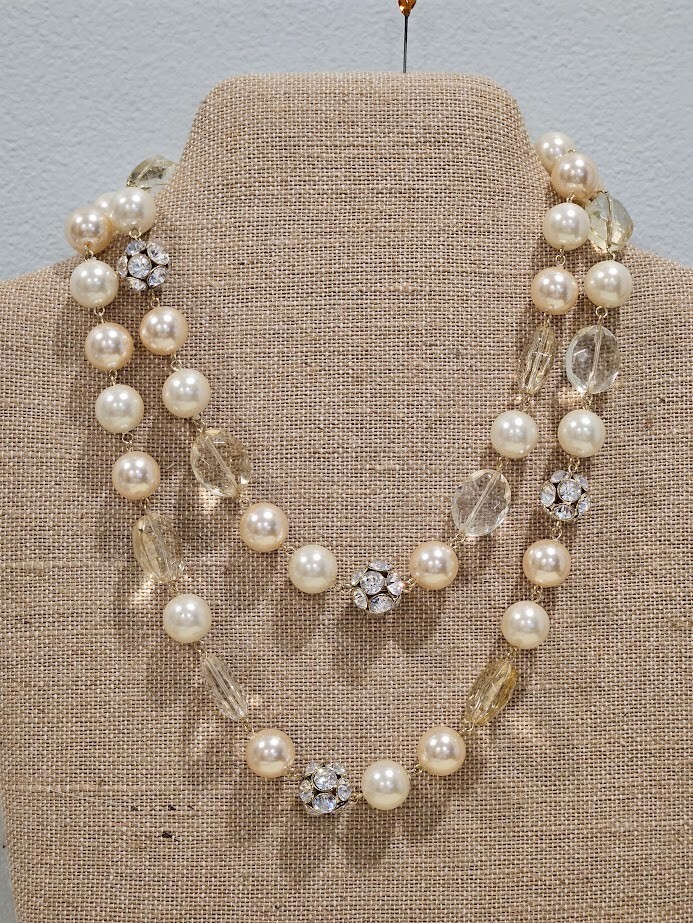 Charter Club Faux Pearl Faceted Bead Necklace NWT Cream Clear Rhinestones Chic
