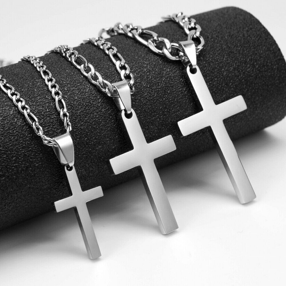 Men Women Cross Necklace Boy Silver Stainless Steel Pendant Figaro Chain Gfit