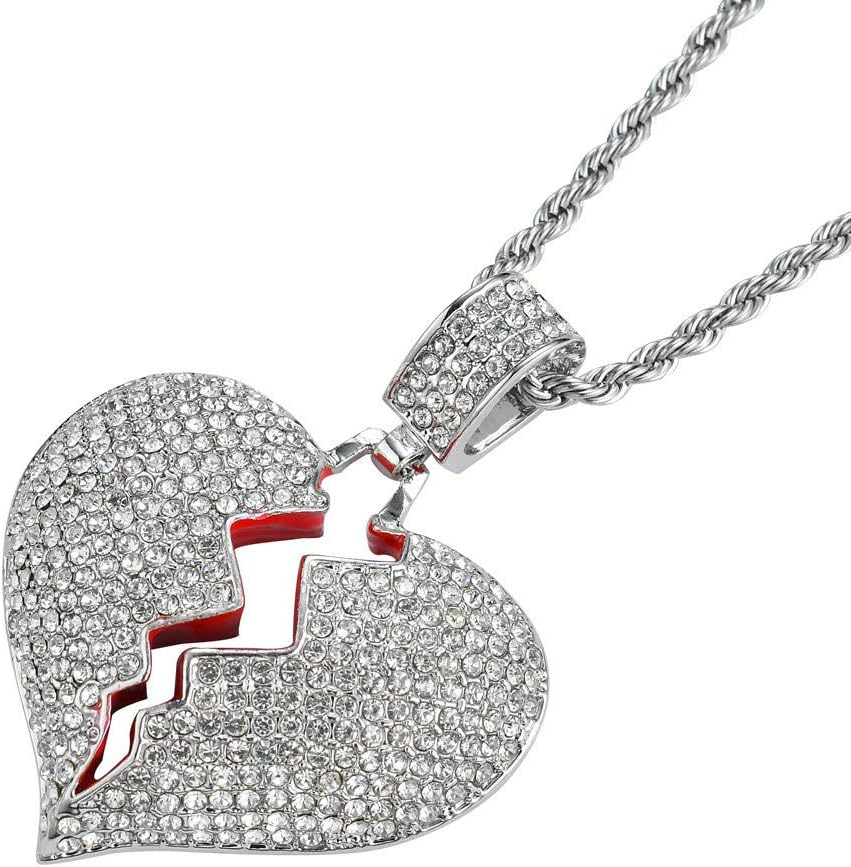 Iced Out Men's Diamond Broken Heart Pendant Hip Hop Chain Necklace