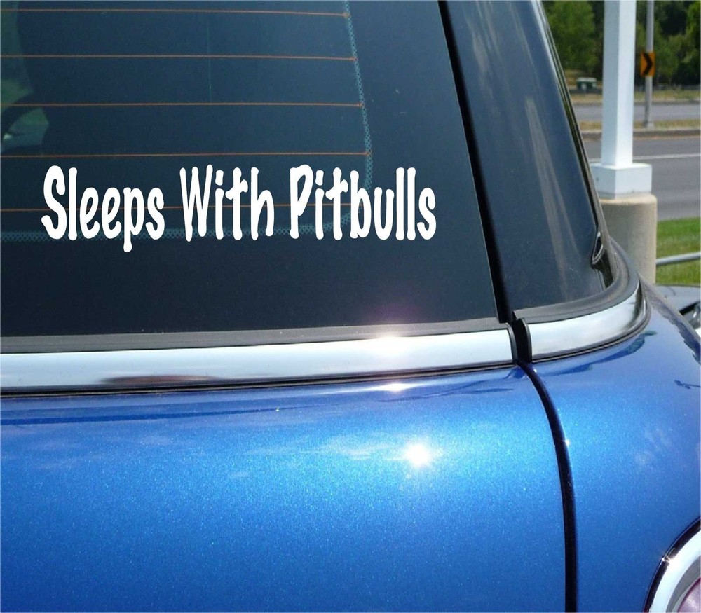 SLEEPS WITH PITBULLS PIT BULL DOG PET FUNNY DECAL STICKER ART CAR WALL