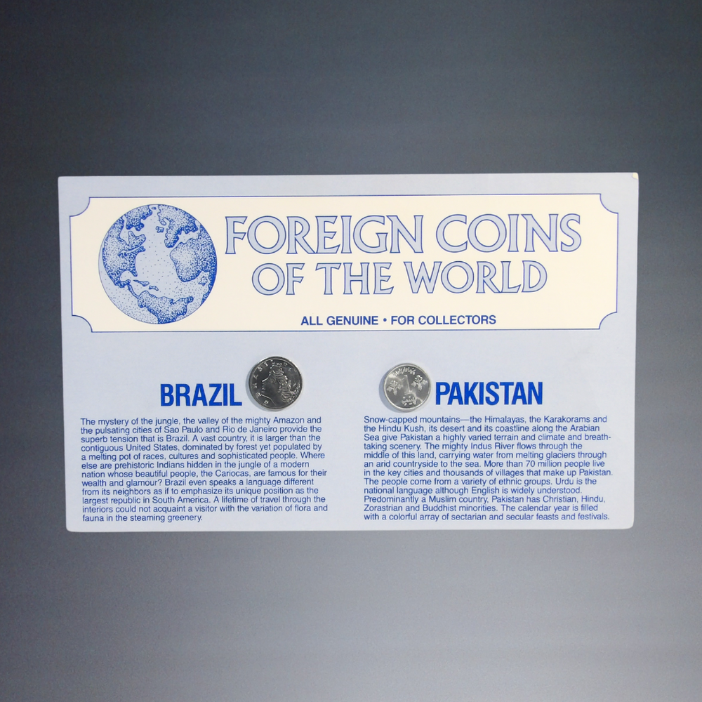 Vintage World Coins Collection - Genuine Brazil & Pakistan Set with Original Card & Envelope