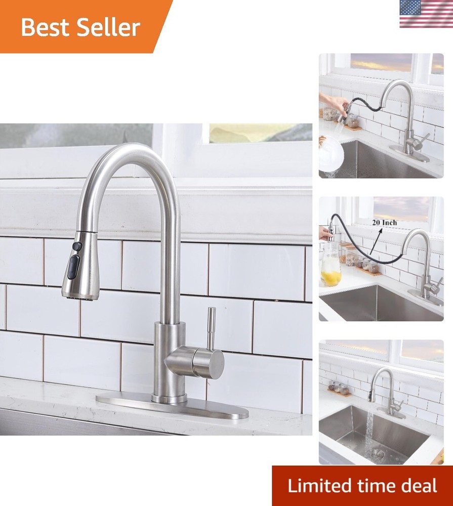 Kitchen Faucet Brushed Nickel Pull Down Sprayer High Arc Single Handle Stainl...