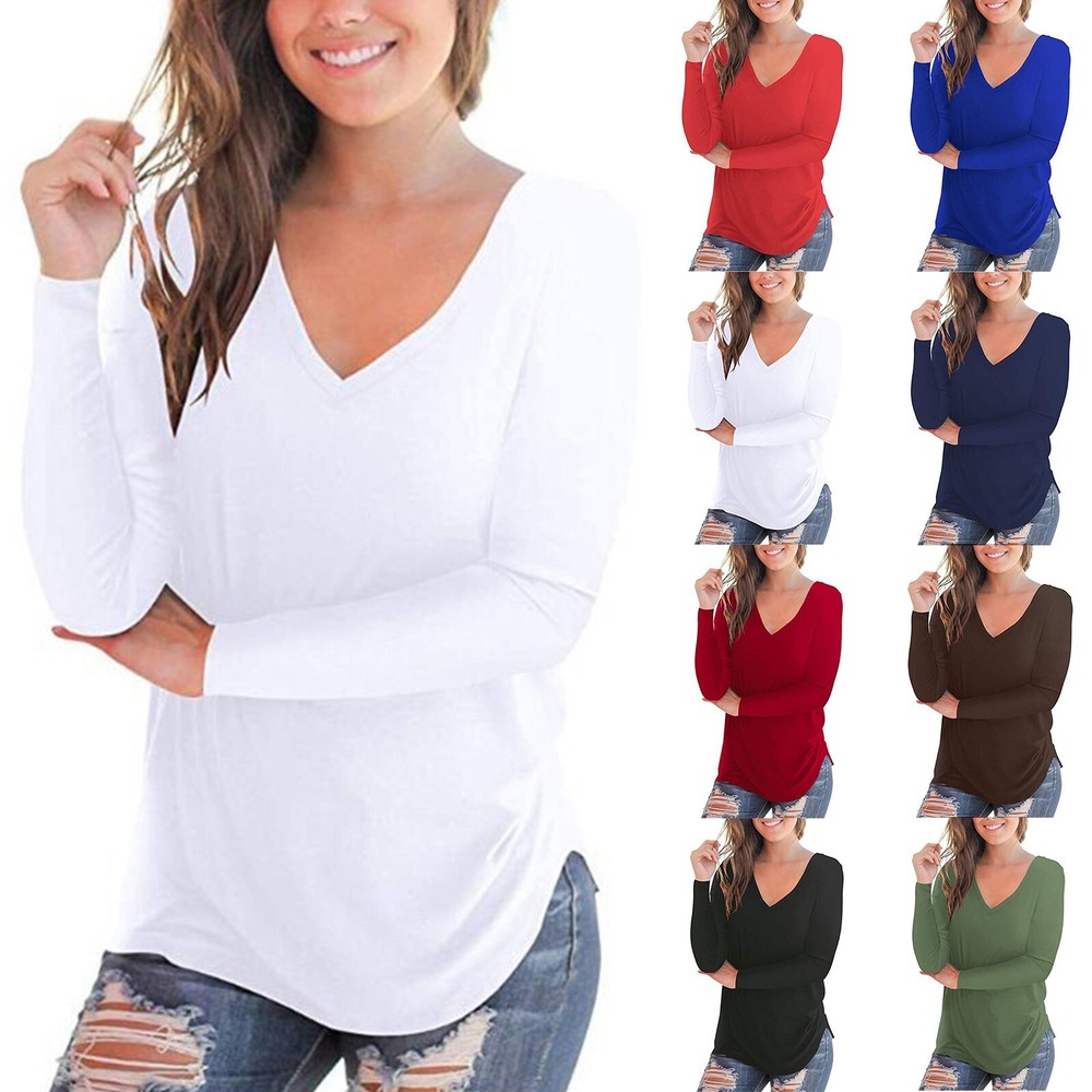 Womens T Shirts V Neck Long Sleeve Solid Casual Loose Tops Basic Shirt Blouse