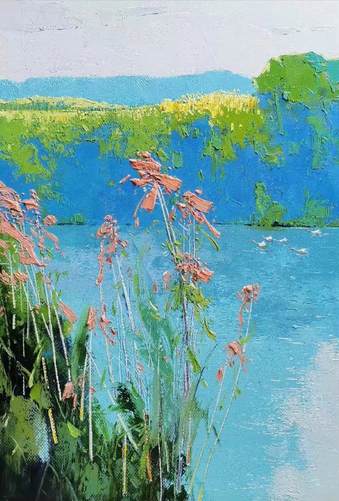 Blue Green Water Flowers Oil Painting Unframed Canvas Print Australian Wall Art