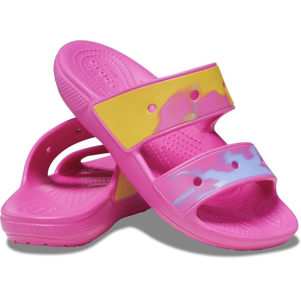 Crocs Classic Pink w/ Yellow Blue Sandals 2 Straps Slip On Women’s Size 6 - M4