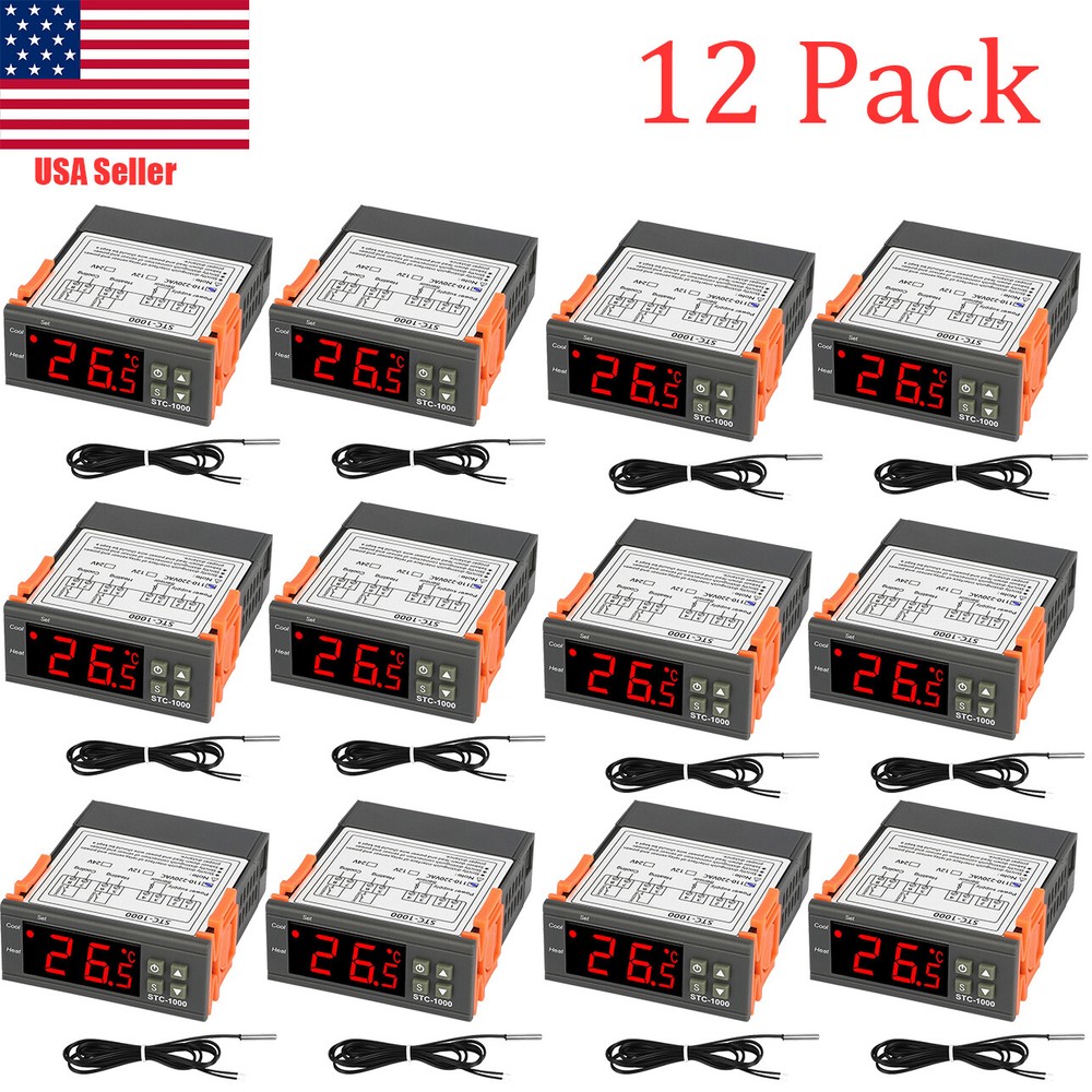 12 Pack Digital Temperature Controller Thermostat w/ Sensor AC 110V STC-1000