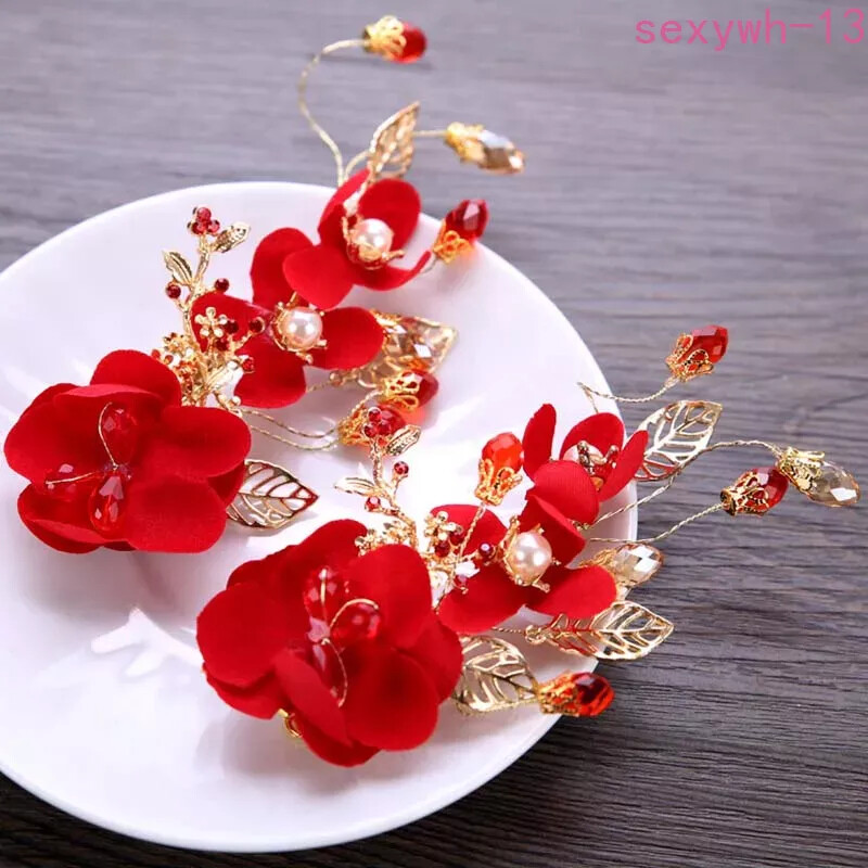 Chinese Hairpins Bride Hair Clips Chinese wedding Hair Accessories Red Flower