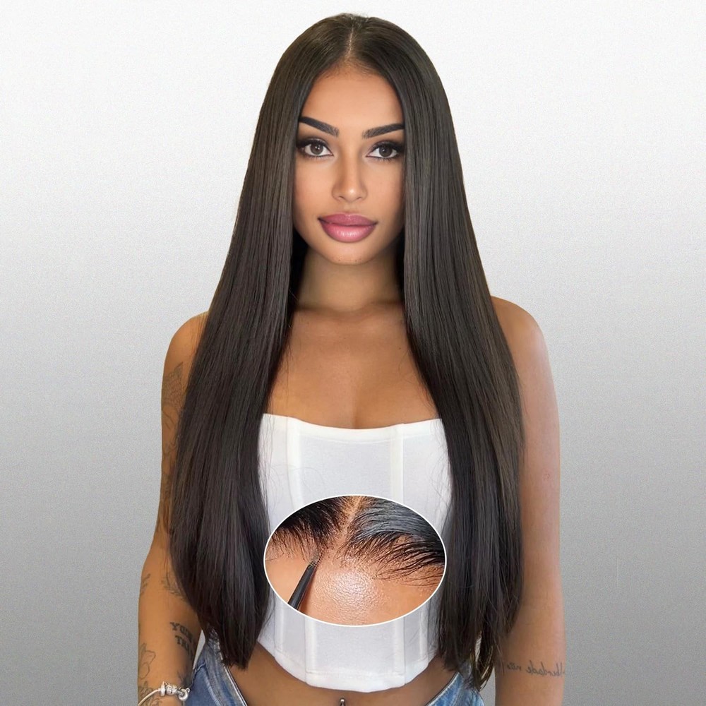 Glueless Wigs Human Hair Pre Plucked Pre Cut 6x4 Straight Lace Front Wigs Hum...