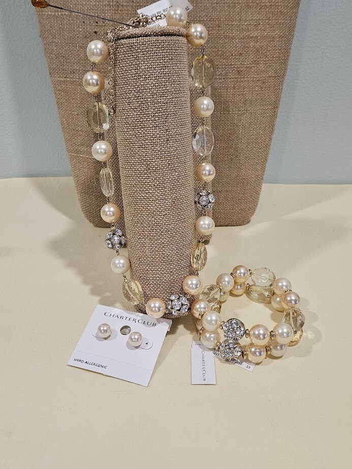 Charter Club Faux Pearl Faceted Bead Necklace, Bracelet, Earings Set of 3 Chic