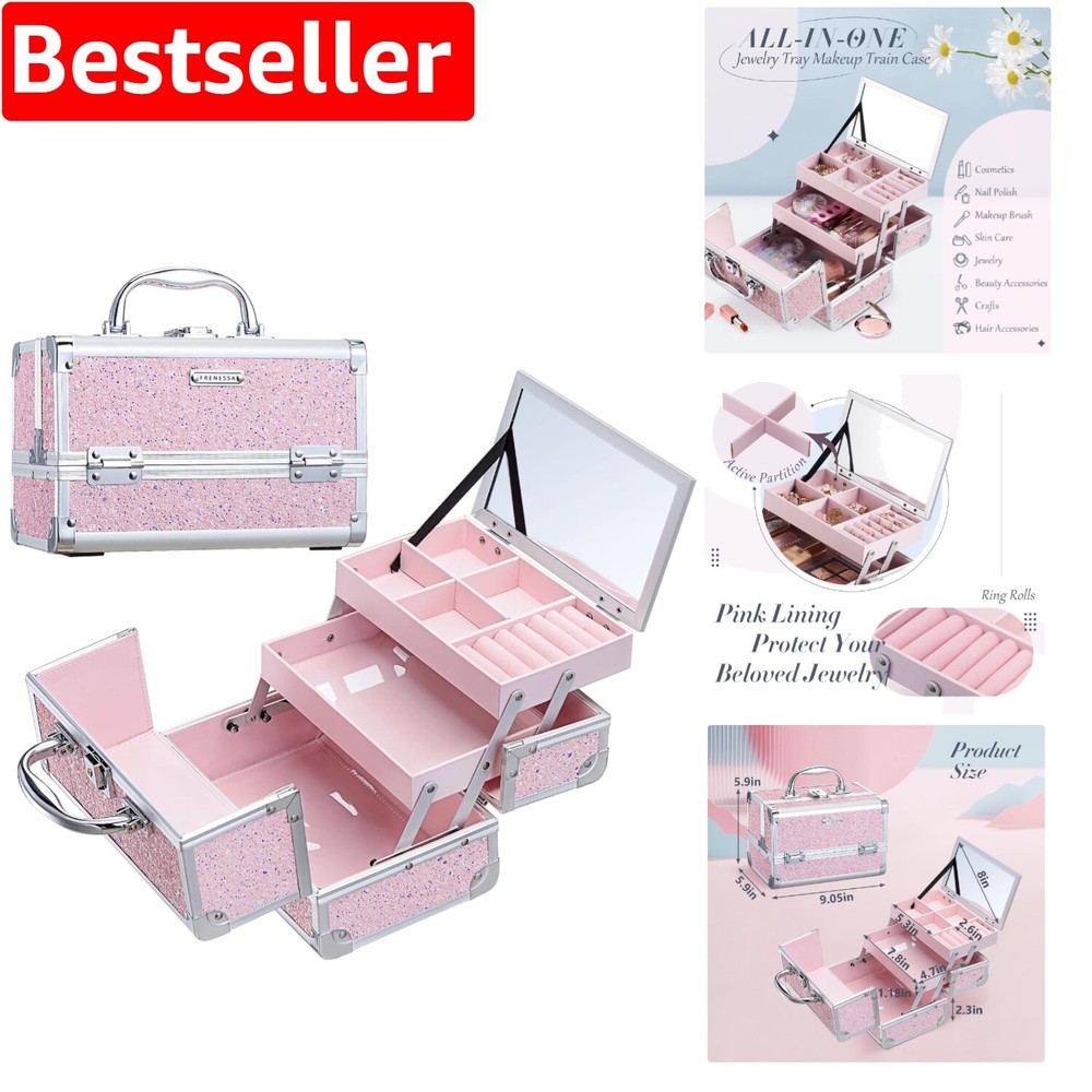 Girls' Shiny Pink Makeup Organizer - Portable, Lockable with Mirror & Trays