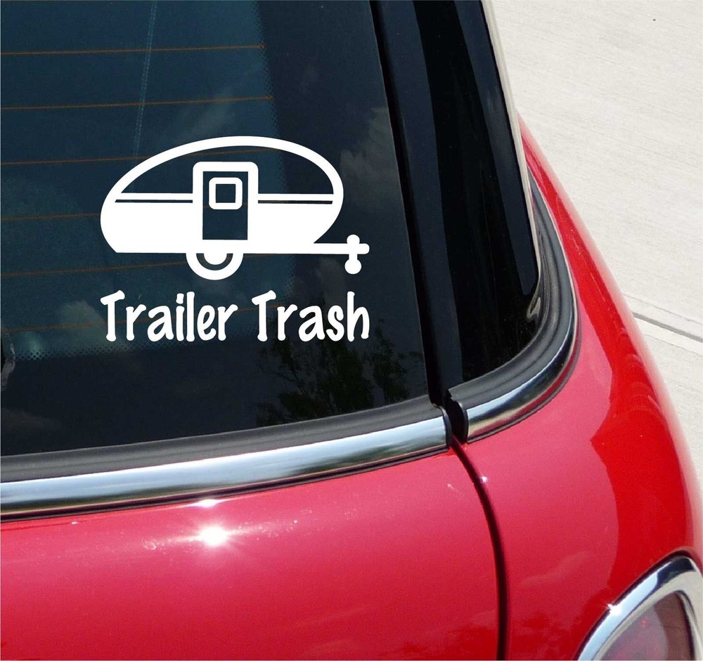 TRAILER TRASH WHITE TRAVEL TEARDROP GRAPHIC DECAL STICKER ART CAR WALL DECOR