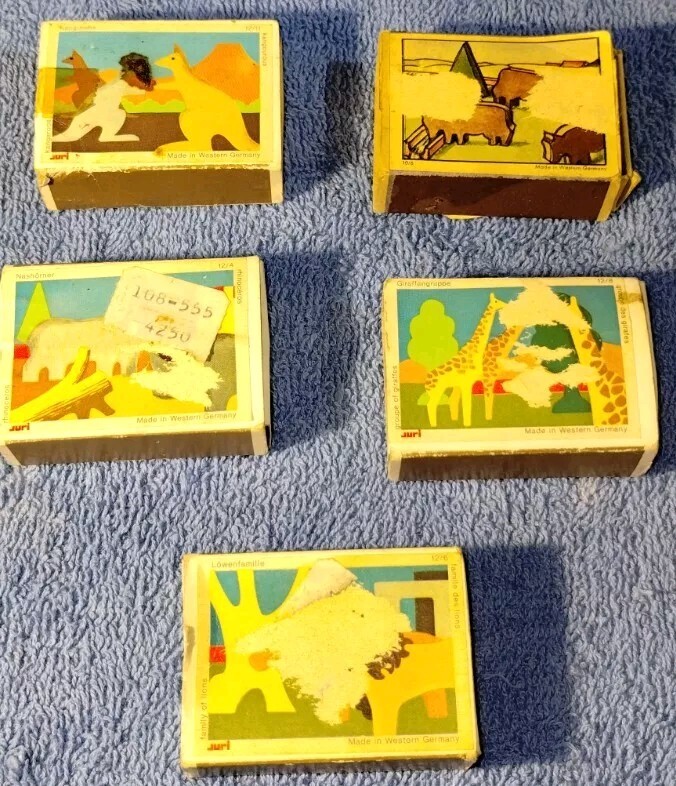5 Vintage JURI Matchbox Miniatures Cow Bison Ranch Farm Wooden Toy West Germany