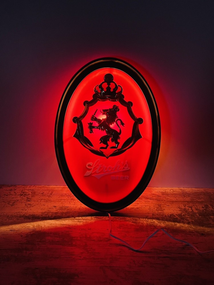 Vintage HTF Oval Stroh's Beer Light-Up Bar Sign Red Black Gold 19.5” Read Notes