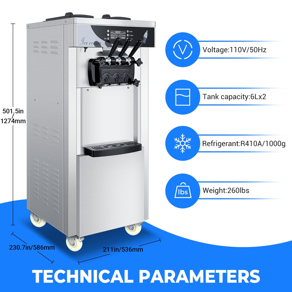 LEEVOT Commercial Ice Cream Machine 3-Flavor Electric Frozen Soft Yogurt Maker